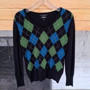 Apt 9 Womens Sweater Black Blue Green Argyle Long Sleeve V Neck Size L Cashmere